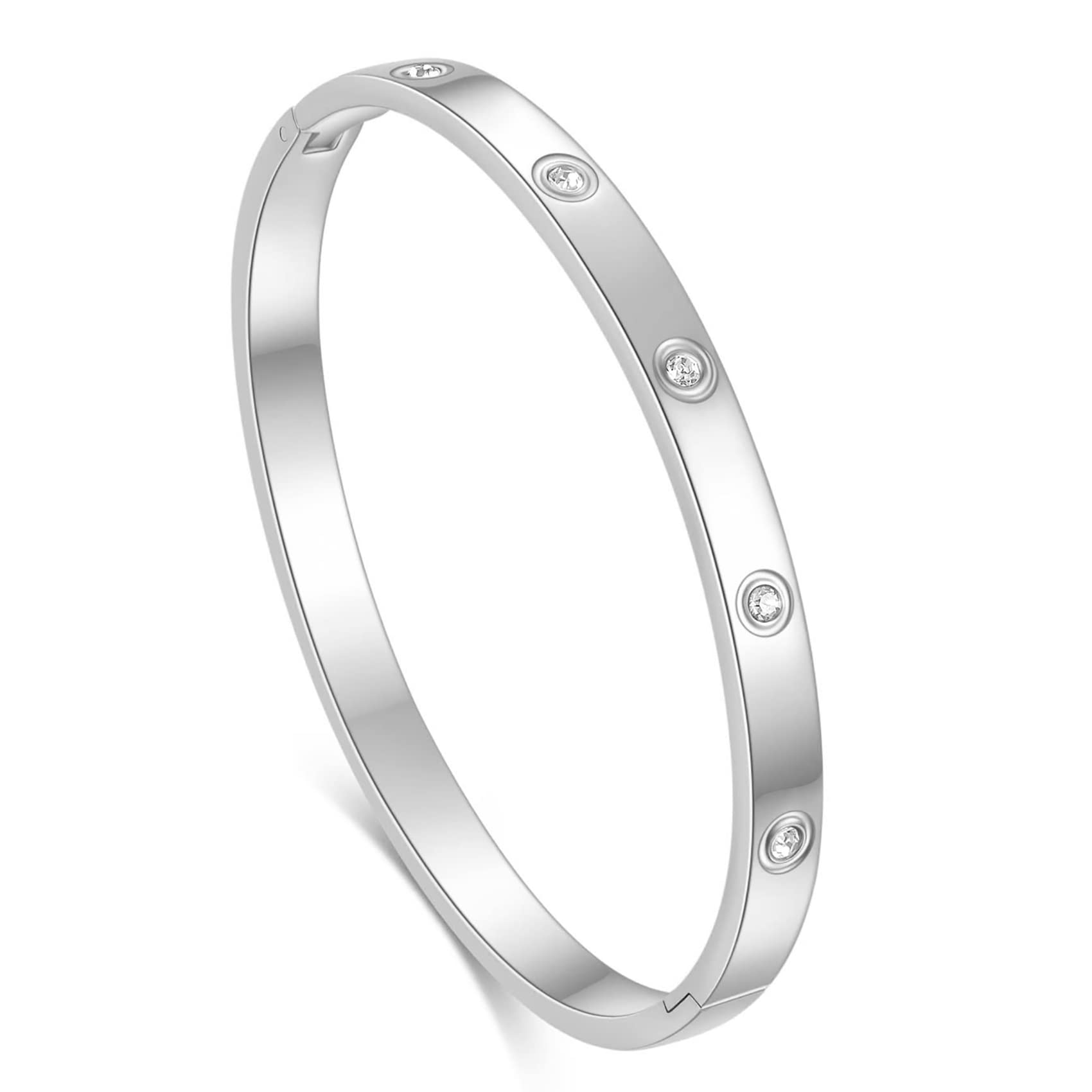 VQYSKO Love Friendship Bracelet Bangle Gold Rose Gold Silver with Cubic Zirconia Stones Stainless Steel Hinged Jewelry with Crystal Oval Bracelet