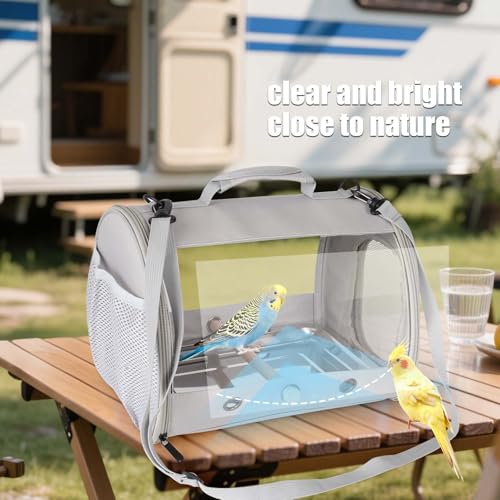 Image of Bird Carrier, Portable Small Bird Parrot Parakeet Carrier with Standing Perch and Stainless Steel Tray, Side Access Window Collapsible (Grey, Cylinder Design - Clear)
