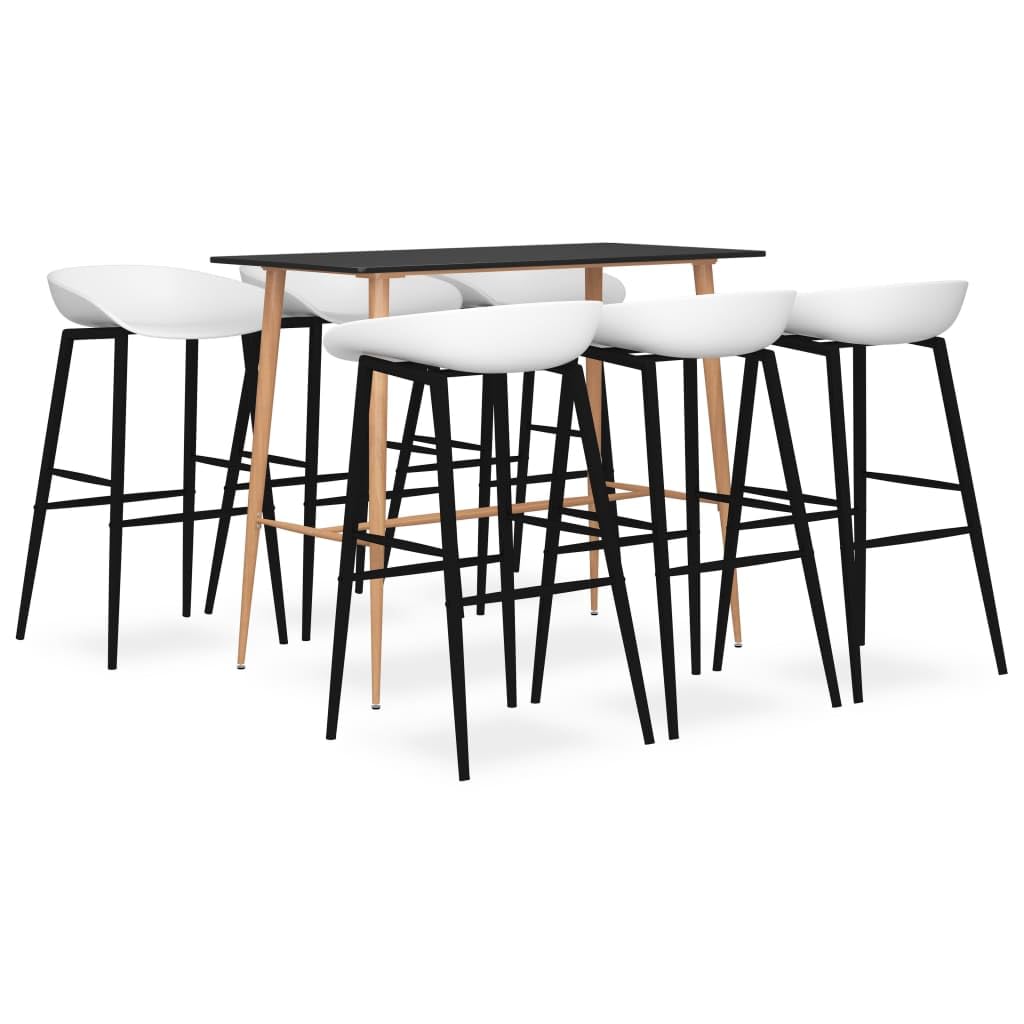 Juego de 7 piezas de bar en blanco y negro con mesa de tablero de fibra de densidad media y patas de metal y taburete de bar con respaldo para instalaciones modernas