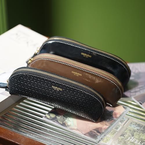 Image of Cockatoo Genuine Leather Pencil Pouch, Accessories holder, Stationery Bag, Zippered Pen Case for Work & Office (Braided Black)