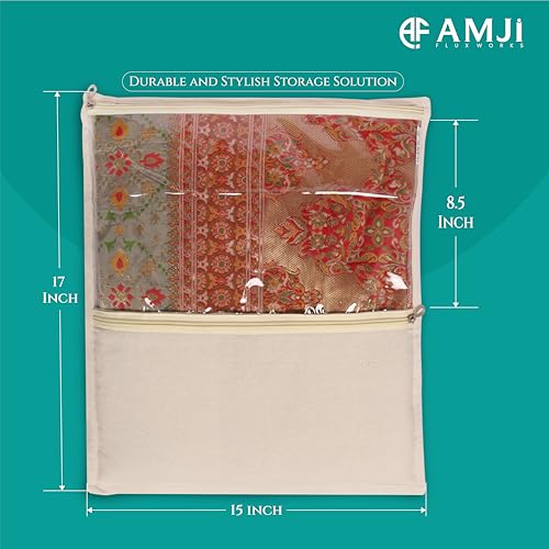 Image of Pure Cotton Saree Bags with Zip & Blouse Pocket set of 8 Big Size 17x15 In Transparent PVC Window Saree Covers for Storage Expert Stitching Wardrobe Organiser Beige