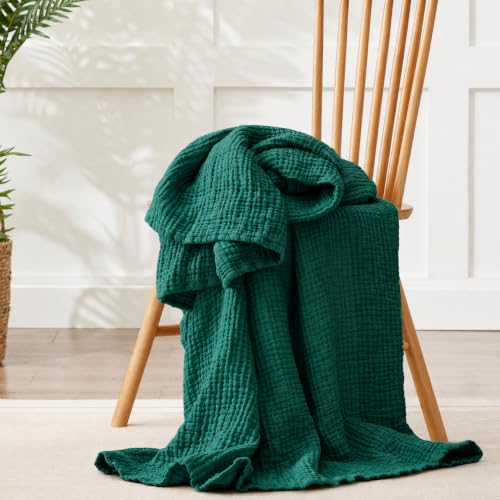 Image of Cotton Muslin Blankets for Adults, 6-Layer Large Throw, 50 x 70, Dark Green