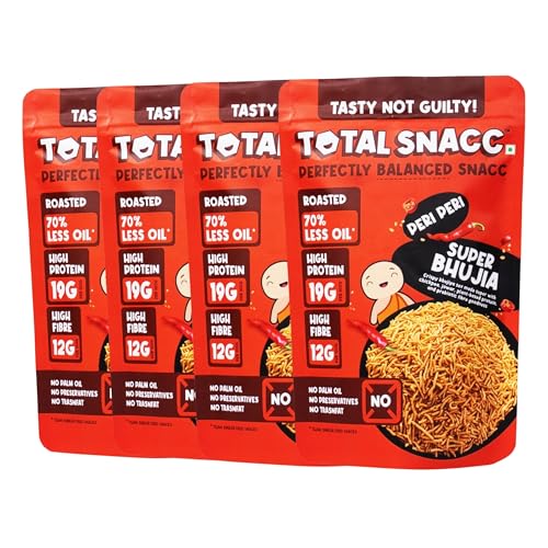 Image of TOTAL SNACC Roasted Bhujia Peri Peri (125g x 4 Packs) | High Protein 19g , High Fibre 12g | 70% Less Oil | No Palm Oil | Healthy Snacks | High Protein Snacks | Millet Bhujiya | Baked Bhujia Sev | Baked Namkeen | Diabetic Friendly | Low Calorie