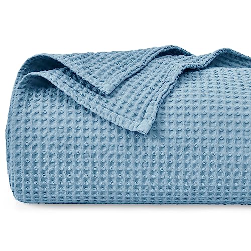 Image of PHF 100% Cotton Waffle Throw Blanket Lightweight Breathable, Dusty Blue | Pre-washed Soft Cozy Summer Throw for Hot Sleepers, Textured Decorative Layer for Bed Couch Sofa Guest Room, Giftable