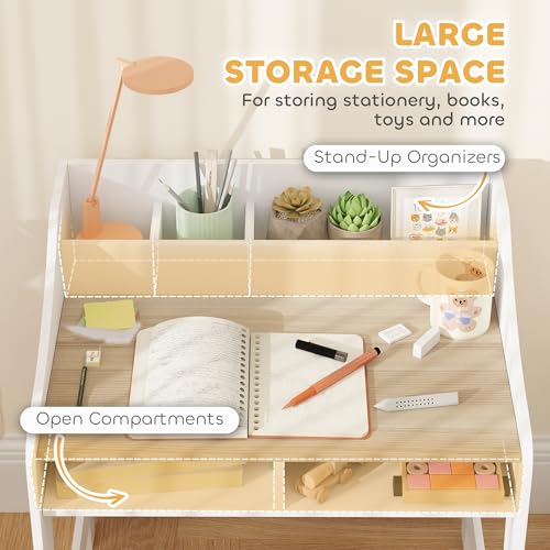 Qaba Kids Desk and Chair Set, Study Desk for Kids with Storage and Shelves, Wooden Children Writing Table for Bedroom, Natural Wood - Image 5