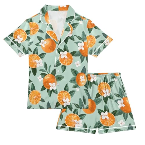 ALAZA Orange Fruit with White Flower Pajamas Satin Pajama Set Short Sleeve Button Down Sleepwear