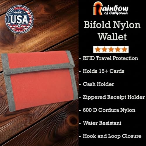 Image of Rainbow of California RFID Protection Original Nylon Bifold Wallet. USA Made (Orange w /Foliage Trim)
