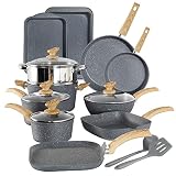 Kitchen Academy Induction Cookware Set - 17 Piece Gray Cooking Pan Set, Granite Non-Stick Pots and P