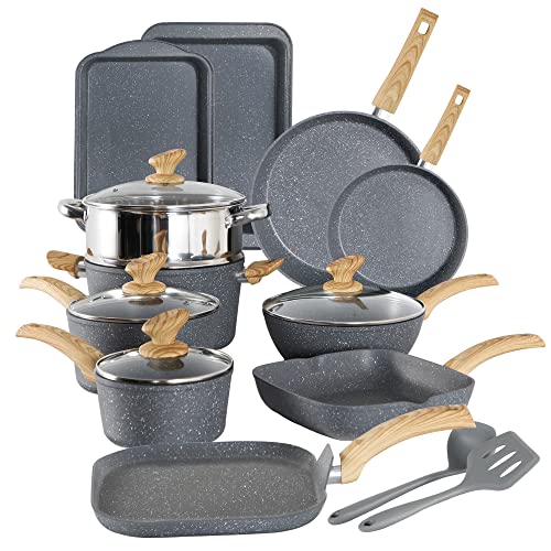 Kitchen Academy Induction Cookware Set - 17 Piece Gray Cooking Pan Set, Granite Non-Stick Pots And Pans Set #TOP6