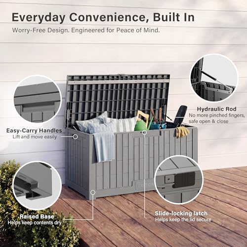 Image of EAST OAK Outdoor Storage Box, 100 Gallon Deck Box, Waterproof Resin Storage Bench for Patio Cushions, Gardening Tools, Pool Toys, Lockable, UV Resistant, Grey