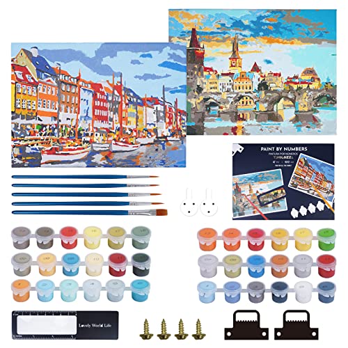 TAVOLOZZA - Pintura por números para adultos y principiantes, 2 lienzos de 9 x 12 pulgadas con marco, 36 tubos de pintura acrílica, 5 pinceles y paquete de instalación para manualidades artísticas Cover