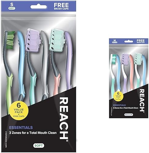 Reach Essentials - Cepillo de dientes con tapas para cepillo de dientes, cerdas suaves en ángulo multizona y cepillo de dientes Essentials con