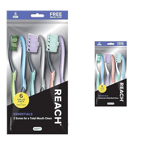 Reach Essentials - Cepillo de dientes con tapas para cepillo de dientes, cerdas suaves en ángulo multizona y cepillo de dientes Essentials con