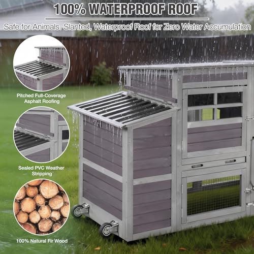 Image of Mobile Chicken Coop with Run, Large Wooden Hen House Poultry Cage with Wheels, Weatherproof Roof, Sectionable Nesting Box, Pull-Out Tray for 3-5 Chickens, 74.9 inch L x 26 inch W x 39.4 inch H (Grey)