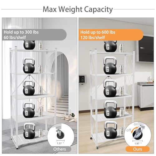 Image of 5-Tier Folding Shelf with Wheels No Assembly Portable Shelves | Suitable for kitchen, bedroom, living room, garage,64.6*28*13.4in