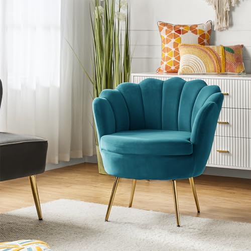 Image of HULALA HOME Modern Velvet Accent Chair with Shell Shaped Back, Cute Living Room Bedroom Armchair Sofa Chair with Gold Legs, Comfy Upholstered Vanity Chair for Makeup Room, Blue