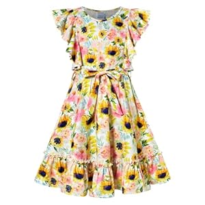 Funnycokid Girls Ruffle Sleeve Dress Kids Summer Clothes Flutter Hem Sundress Outfit with Belt 6-13 Years