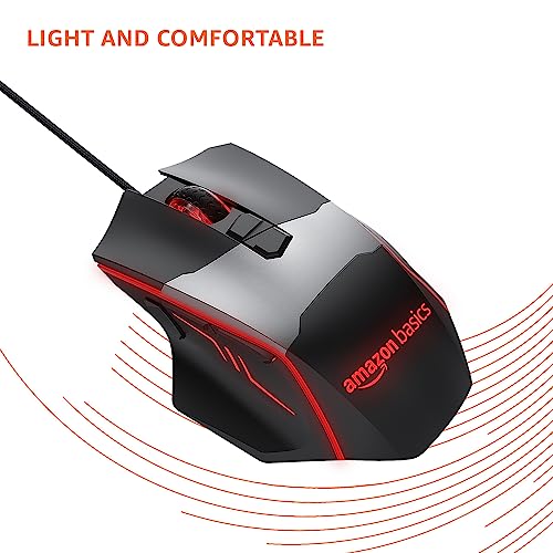 Image of AmazonBasics USB Wired Blue Track and Blue Sensor, Ergonomic Gaming Mouse with 7 Programmable Keys | 6400 DPI