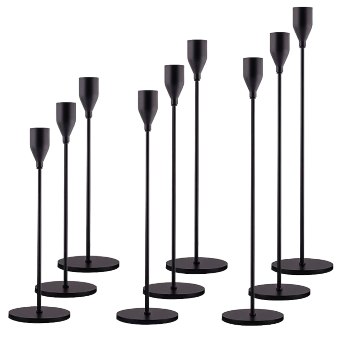 JumpSync Black Candlestick Holders 9Pcs - Metal Tall Candlesticks in 3 Heights for ¾ inches Taper Candle – Scratch Proof & Corrosion Proof - Ideal for Dining Table, Living Room, Décor & Parties