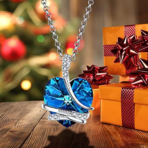 Monemel Necklaces for Women, Blue Heart Crystal Pendant Necklace, Jewellery Gifts for Women Mum Wife Girlfriend on Anniversary Birthday Mothers Day Valentines Day with Jewellery Box