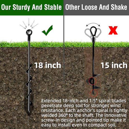 Fabulas Ground Anchors, 18 Inch 4 Pack Screw in Heavy Duty Swing Set Anchor Kit, Spiral Earth Trampoline Stakes High Wind Metal Long Stakes for Tent Tree Dog Sheds Carports Camping Mobile Home
