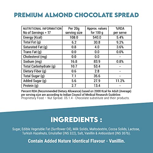 Image of Happilo Premium Almond Chocolate Spread, Delicious and Low-Carb Chocolate Spread with Goodness of California Almonds, High Protein Low Sugar Sweet Dessert, Smooth & Creamy Guilt-Free Diet Snack, No Cholesterol and Trans-Fat, 350g