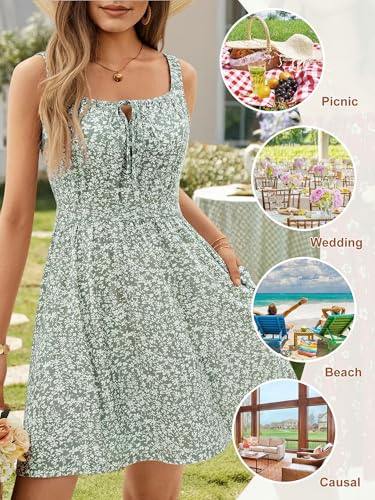 Loemes Women's Summer Cute Square Neck Mini Dress with Pocket Juniors Floral Sleeveless Tie Front Flowy Short Sundress2