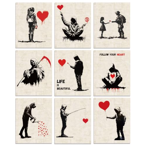 WEBEEDY 9 Affiches Banksy Style Wall Art Vintage Red Heart avec pour Décoration Murale Esthétique Graffiti Poster Boho Toile Non Encadrée pour Décoration...