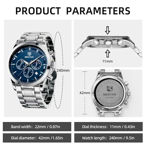 Image of BENYAR Mens Watches Analog Quartz Chronograph Waterproof Wrist Watches for Men Fashion Business Work Casual Sport Designer Dress Watch with Calendar Elegant Gifts for Men