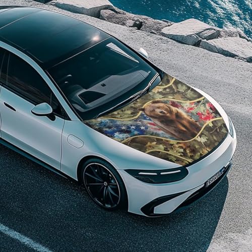 Image of Car Hood Cover Protector Stretchable Car Hood Wraps Auto Banner Bear American Flag Auto Decorative Accessories for Compact Sedans SUV Trucks (59x39 Inch)