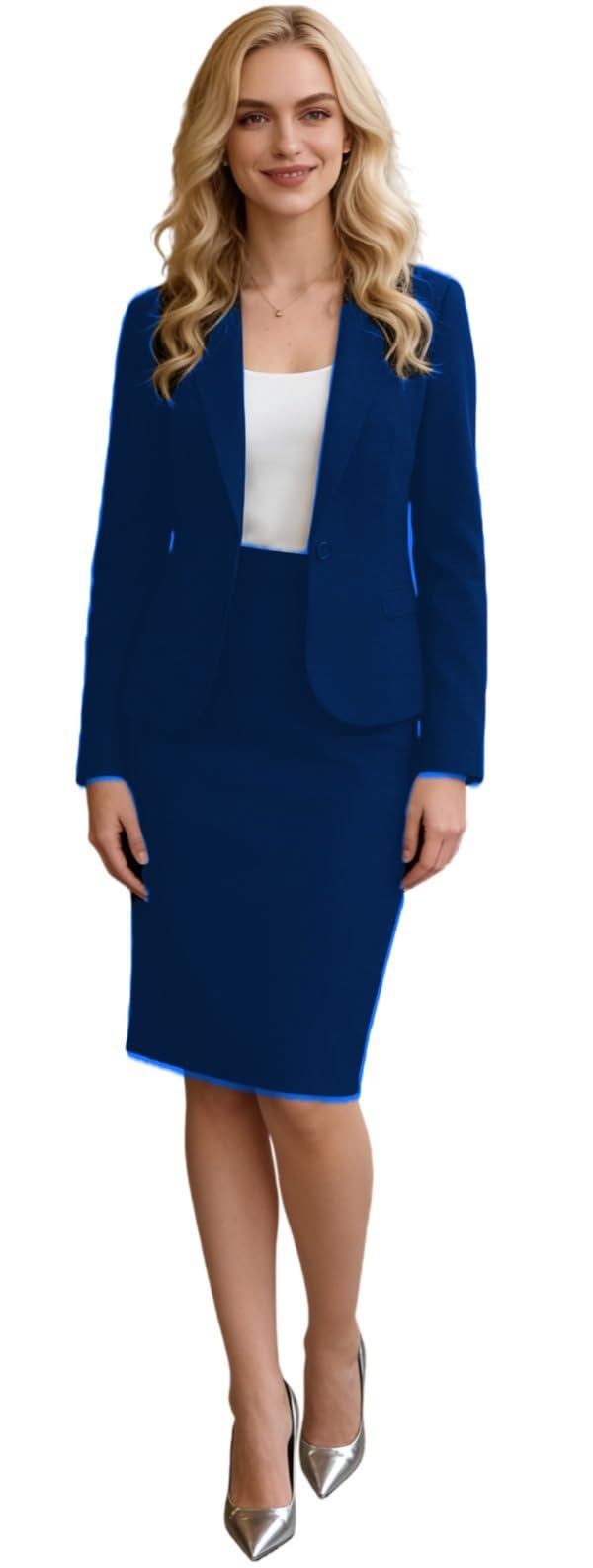 Ensemble jupe d'affaires pour femme, coupe ajustée, blazer et jupe crayon, tenue de bureau, bleu marine, XXL