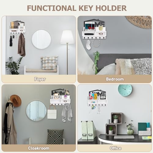 VISV-Key-Holder-Wall-Mount-Wooden-Key-Mail-Holder-Decorative-Key-Rack-with-Shelf-Key-Mail-Organizer-with-Iron-Storage-Basket-6-Key-Hooks-2-Compartments-for-Entryway-Doorway-Hallway-White
