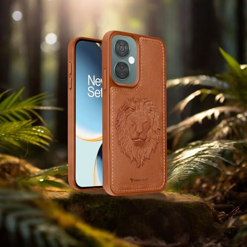 Image of Vaku Luxos Lion Embossed Back Cover Case for OnePlus Nord CE 3 Lite Premium Leather Stitched Soft Shockproof Protective TPU Phone Case Camera Screen Protector- Brown
