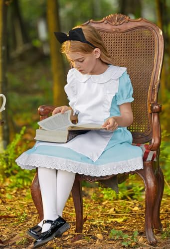 BesserBay Halloween Girls Puff Sleeve Tie Waist Peter Pan Collar Blue Dress with Headband Stockings 4-14 Years2