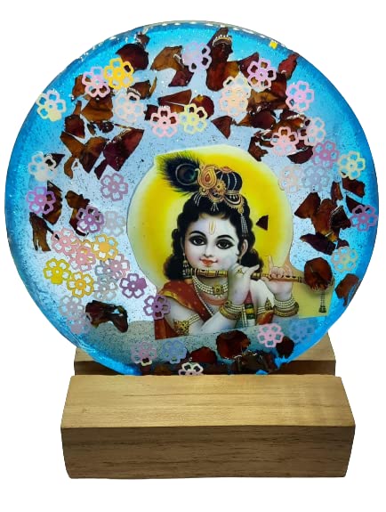 MVSV ENTERPRISES - Home Decor Resin Photo frame with wooden base stand (skyblue glitter flute krishna)-image-28