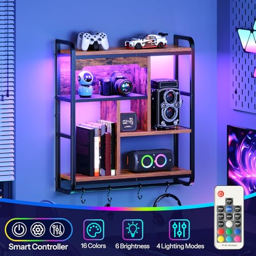 Image of HOOBRO Gaming Floating Shelves with LED Lights, 26.4 inch LED Wall Mounted Shelf, Modern Corner Shelf 3-Tier Display Rack for Wall Storage, Arched Design, for Living Room, Rustic Brown and Black BF44DBJ01