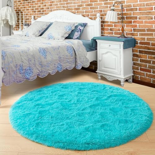 Image of Premium Antiskid Shaggy Carpet /Rug Plain Fur Rectangular Rugs,Soft Microfiber for Bedroom,Living Room,Kids Room,Hall etc (Turquise, 4X4 FEET Round)
