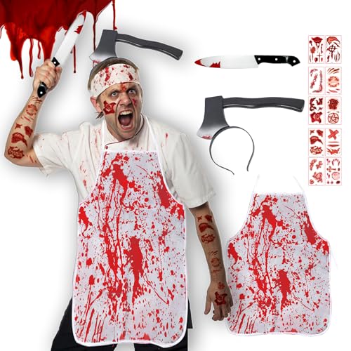 Set Completo Disfraz de Carnicero Halloween – Delantal con Efecto Sangre, Diadema con Hacha, Cuchillo y 10 Tatuajes, Disfraz Adulto Unisex Terror Ideal para Fiestas, Cosplay y Eventos Temáticos