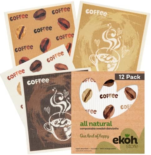 EKOH Swedish Dishcloths - 12 Pack of Coffee Cloths - Dish Sponge Cloths for Washing Dishes - Reusable Barista Wipes - Superabsorbent Kitchen Dish Towels - Reusable Paper Towels Cleaning Cloths
