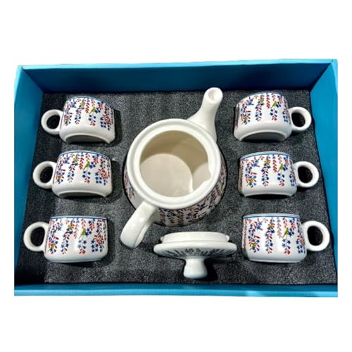 Image of DMRD MART-Handcrafted Ceramic Stag 7PC Tea Cup Set with Kettle Safe 6 Cups 1 Kettle | Tea Pot Set 1000ml Ceramic Porcelain Cup Set of 6 Perfect for Serving Coffee Green. (Leaf 7pc)