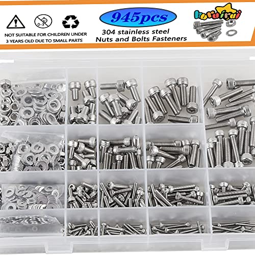 huruirui M2 M3 M4 M5 Nuts and Bolts Washers Assorted Set 304 Stainless Steel Hex Socket Head Cap Screws Bolts and Nuts Kit 945pcs Thread Machine Screws Hex Bolt Set Fastener Repair Tools Assortment