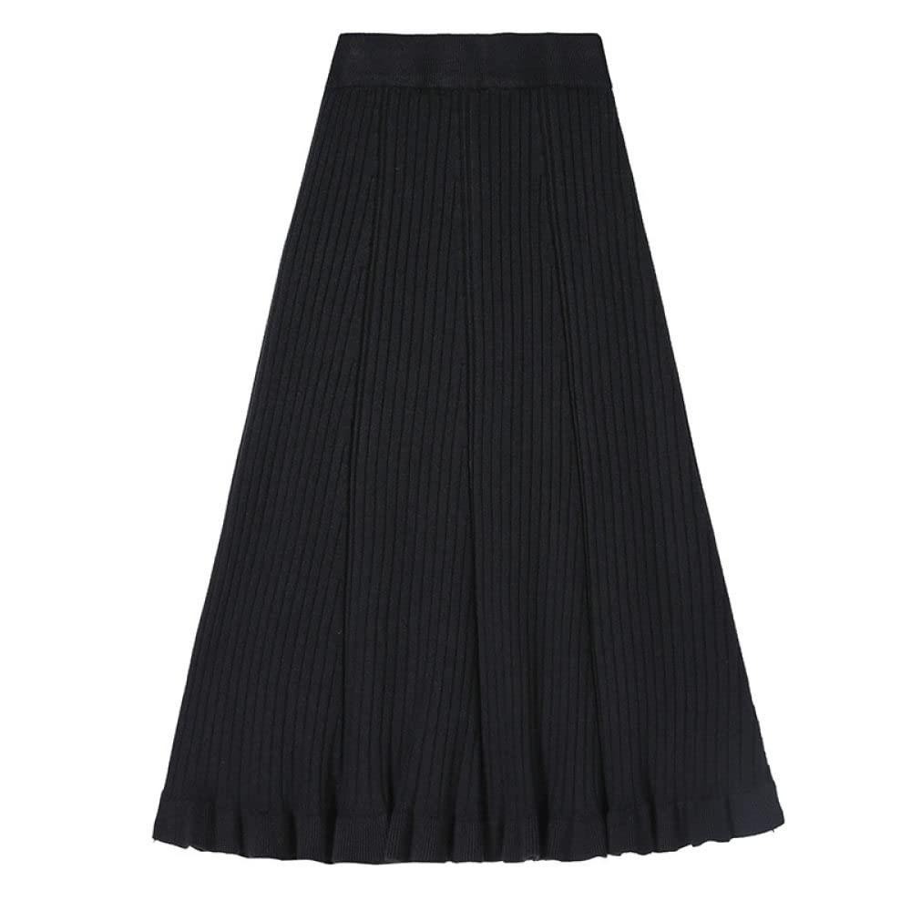 Damen Strickrock,Damen-Midirock, Schwarz, Elastisch, Mit Hoher Taille, Gestrickt, Mit Rüschen, Plissee-Rock, Schmal, A-Linie, Swing, Gerafft, Herbst-Winter, Lange Röcke Für Mädchen, Damen, M