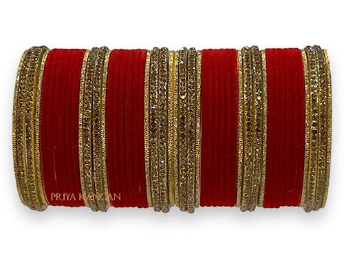 Beautifull Bridal Velvet Metal Bangles Set Complete With Golden Glass Zirconia Stone Bangles.