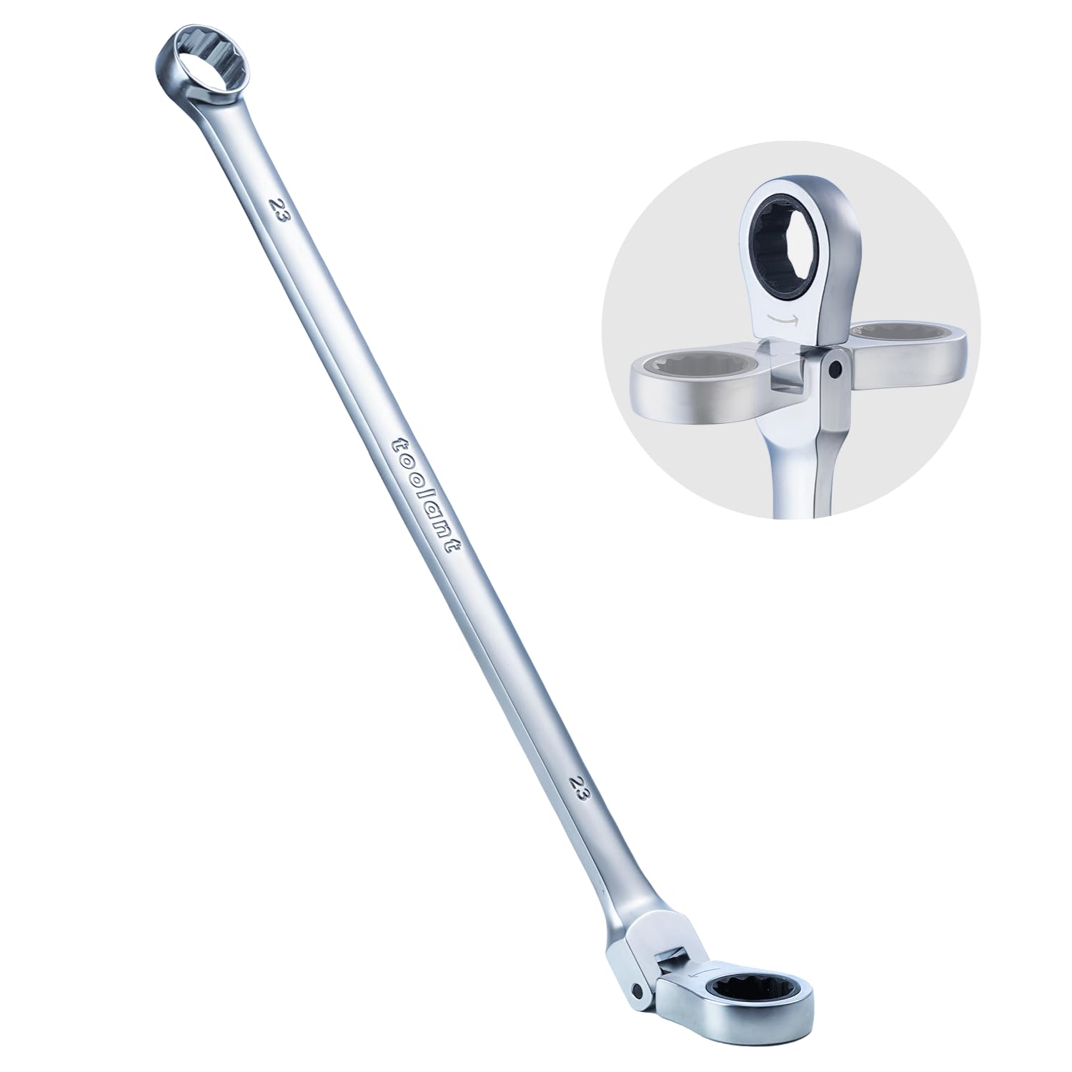 toolant Extra Long Ratcheting Wrench, Flex Head & Fixed Offset Head Double Box End Combination Wrench, CR-V Steel, Metric 23mm