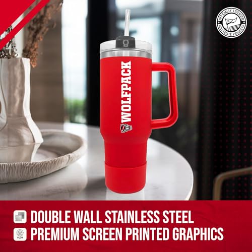 Image of Campus Colors College & University 40 oz Travel Tumbler With Handle - Dual Option Lid With Straw - Vacuum Insulated Stainless Steel (NC State Wolfpack - Red)