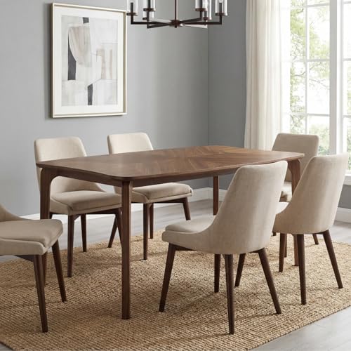 Image of DUOMAY Mid-Century Modern Walnut Color Dining Table, 63 inch Rectangular Kitchen Table with Solid Wood Legs, Curved Edges, 6-Person Table for Dining Room Living Room Kitchen
