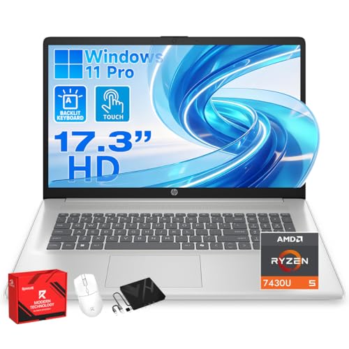HP Flagship 17 Touchscreen Business Student Laptop - AMD Ryzen 5 7430U · 17.3 HD+ Display · AI Copilot · Fast Charge · Wi-Fi 6 · Backlit Keyboard · Win11 Pro · w/Accessory (8GB RAM | 256GB SSD)