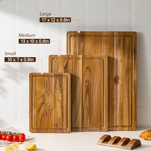 Image of Teak Wood Cutting Board Set of 3 Wooden Cutting Boards for Kitchen | Premium Teak Wood • FSC Certified • Deep Juice Groove • Built-In Handles • Non-Slip Feet • 3 Practical Sizes • Gift-Ready Box
