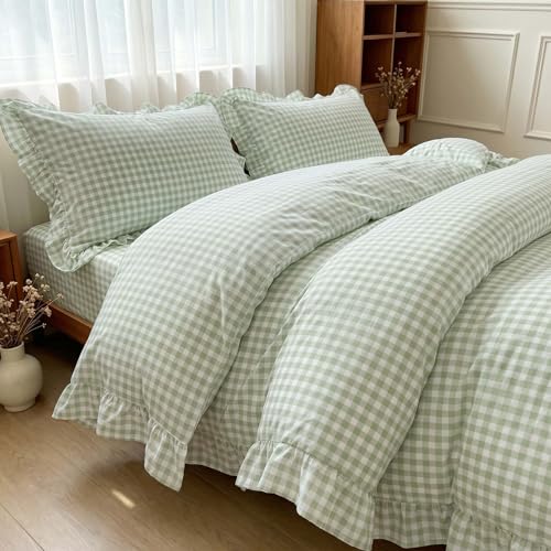 Image of Nayoroom Gingham Duvet Cover Queen Size Green Ruffle Plaid Checkered Duvet Cover 3 Pieces Soft Washed Microfiber Vintage Farmhouse Dorm Bedding Set Gifts for Women Men