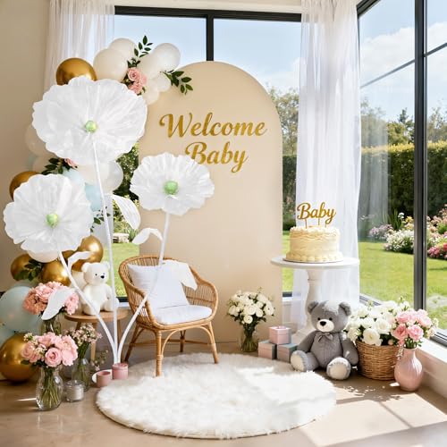 Image of Giant Silk Flowers Spring Decor - 5.58ft Artificial Flowers 3D Large Fake Floral with Stand Base for Wedding Bridal Shower Birthday Party Yard Ceremony Decoration (White)